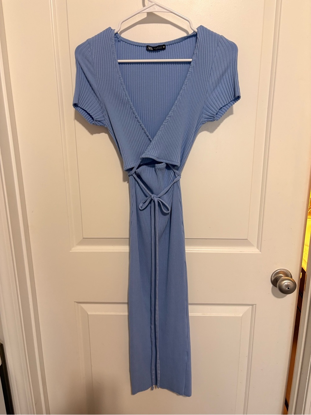 Zara Dusty Blue Ribbed Wrap-Front Midi Dress